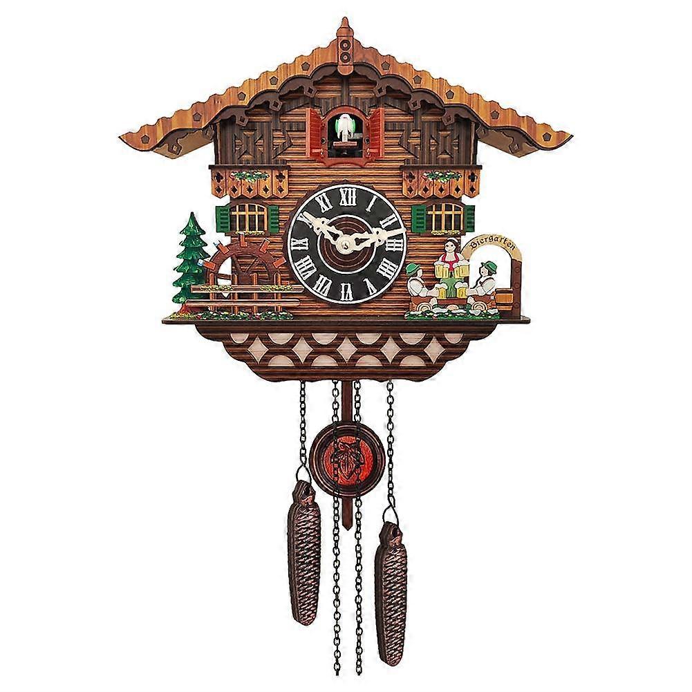 Hagyományos fekete kakukkos óra tömör fából, elemes, automata madárcsicsergő fali dekorációval