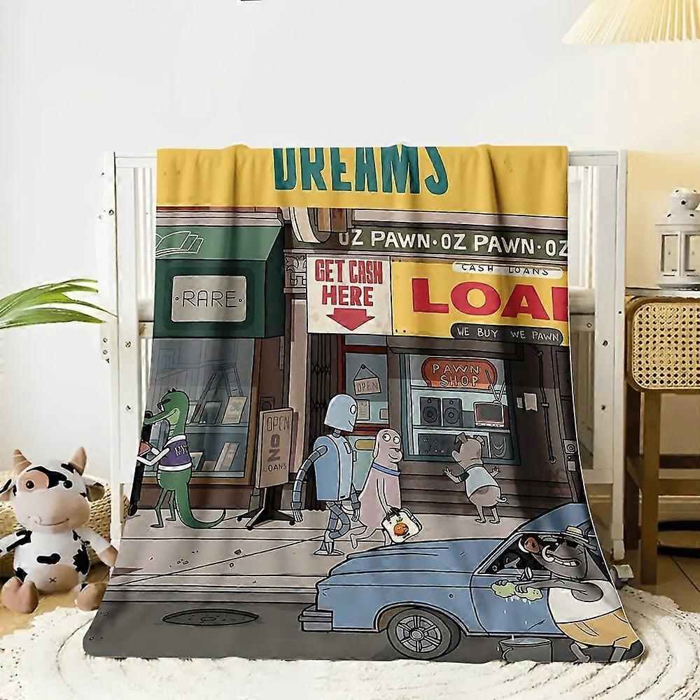 1pc Robot Dreams Inspire Plush Flannel Blanket - Soft Warm All-Season Cozy Throw with Retro 80s 90s Sci-Fi Art, Vibrant -PLAQJ108