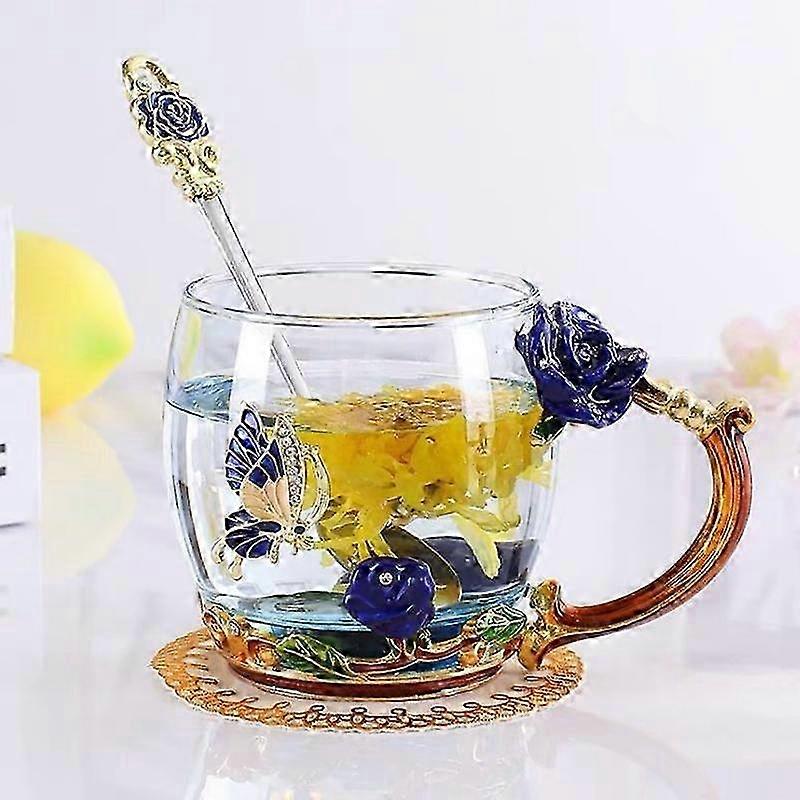 Glass Enamel Cup for Coffee with 3D Butterfly and Rose Design