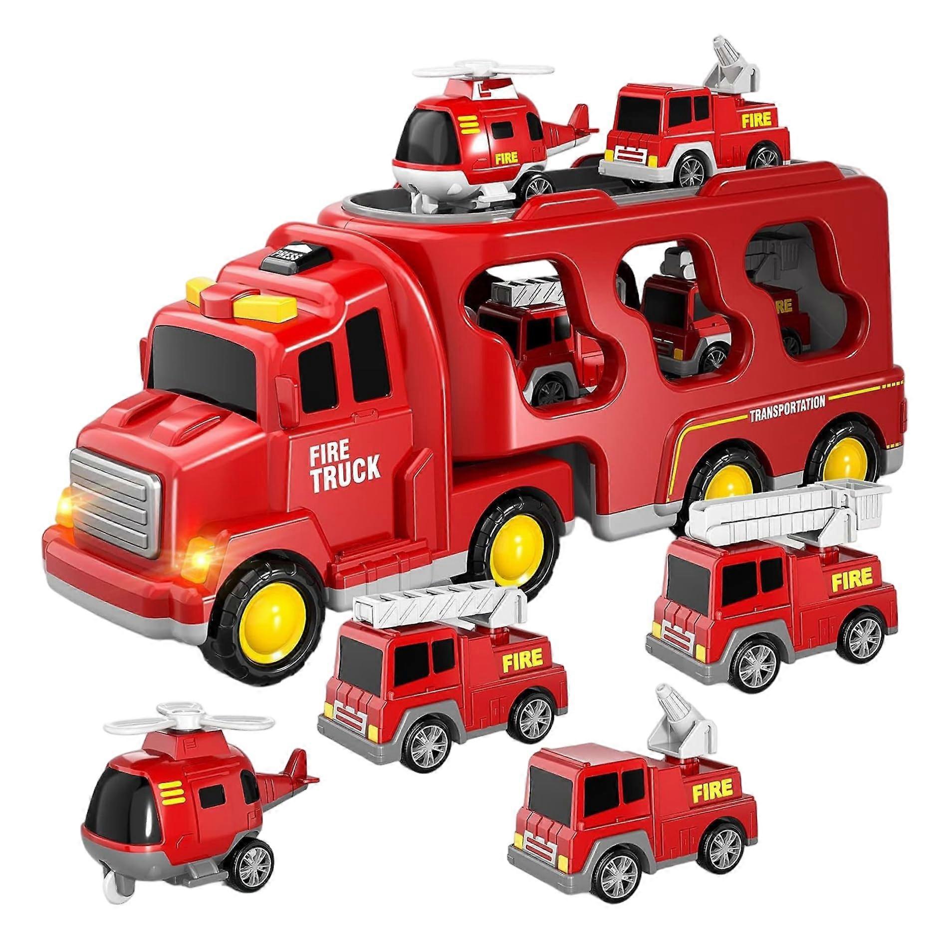 Fire Truck Toy Set with Lights and Sounds, Pull Back Action, Durable Playset with Storage Cart