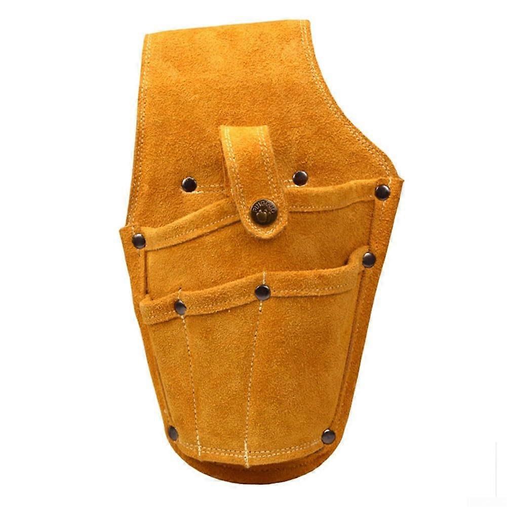 Two Layer Leather Tool Bag with Quick Access Metal Buckle, Yellow Cowhide Pouch 280x170mm
