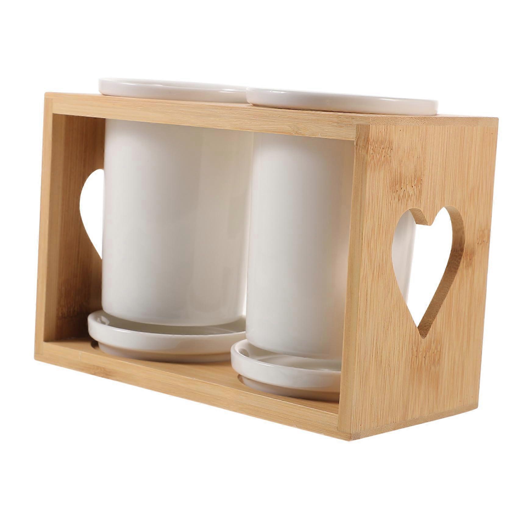 Ceramic Utensil Holder with Drain, Bamboo Kitchen Cutlery Organizer for Neat Tableware Drying