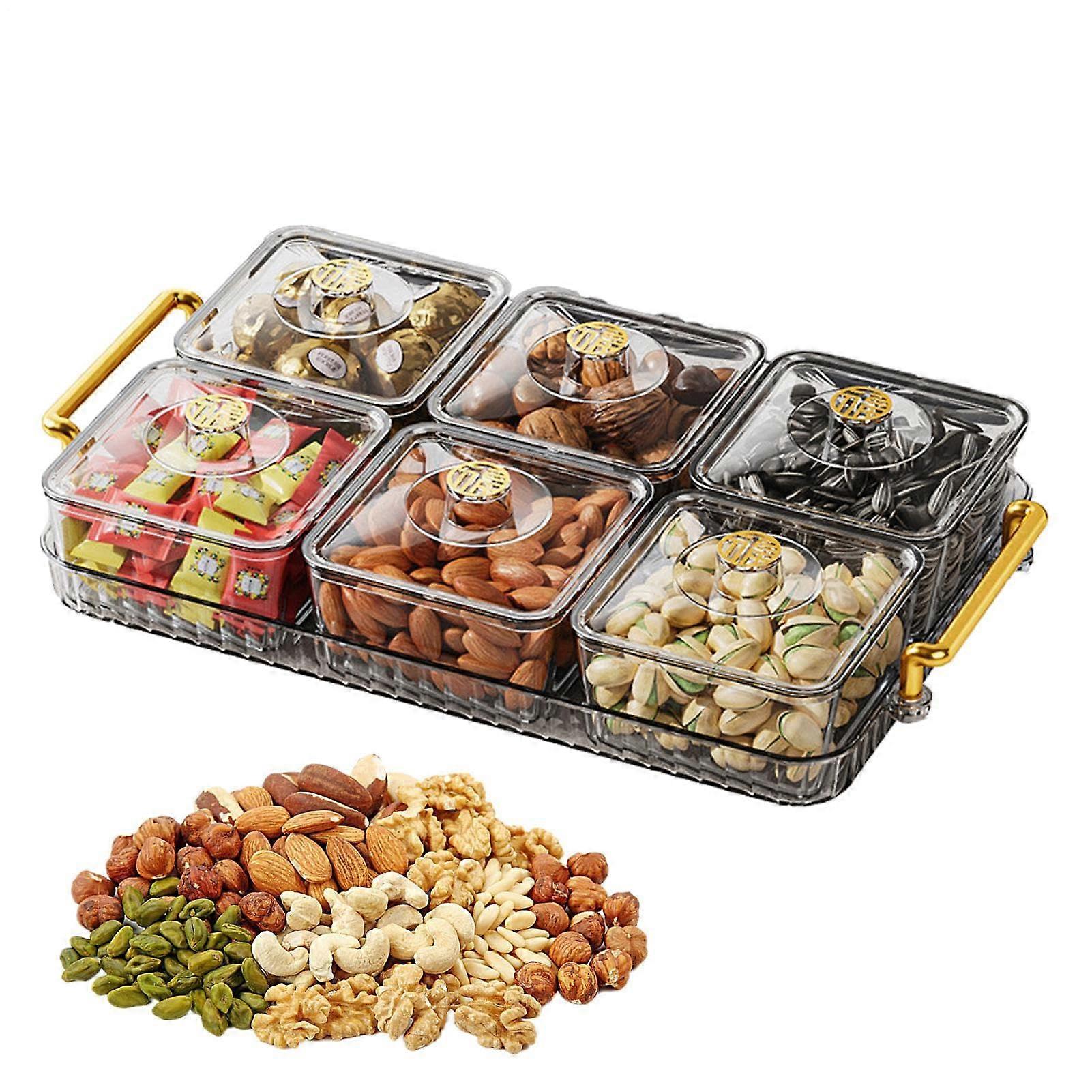 Clear Sectioned Serving Tray with Lid and Handle, Six Compartments for Snacks, Cookies, Parties
