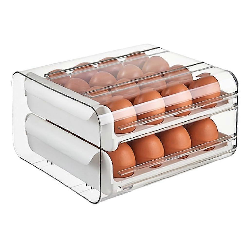 Egg Holder for Refrigerator, 32 Egg Storage Container with Stackable Clear Drawer, White 2 Tier Organizer