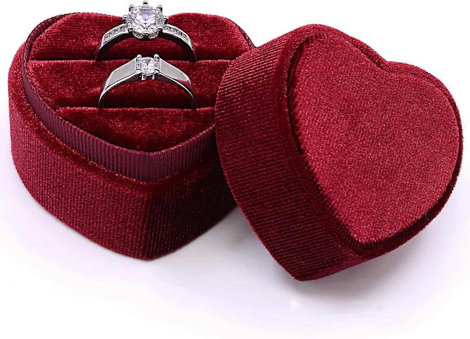 Velvet Ring Box Wine Red - Premium Gorgeous Heart Shape Double Ring Box Display