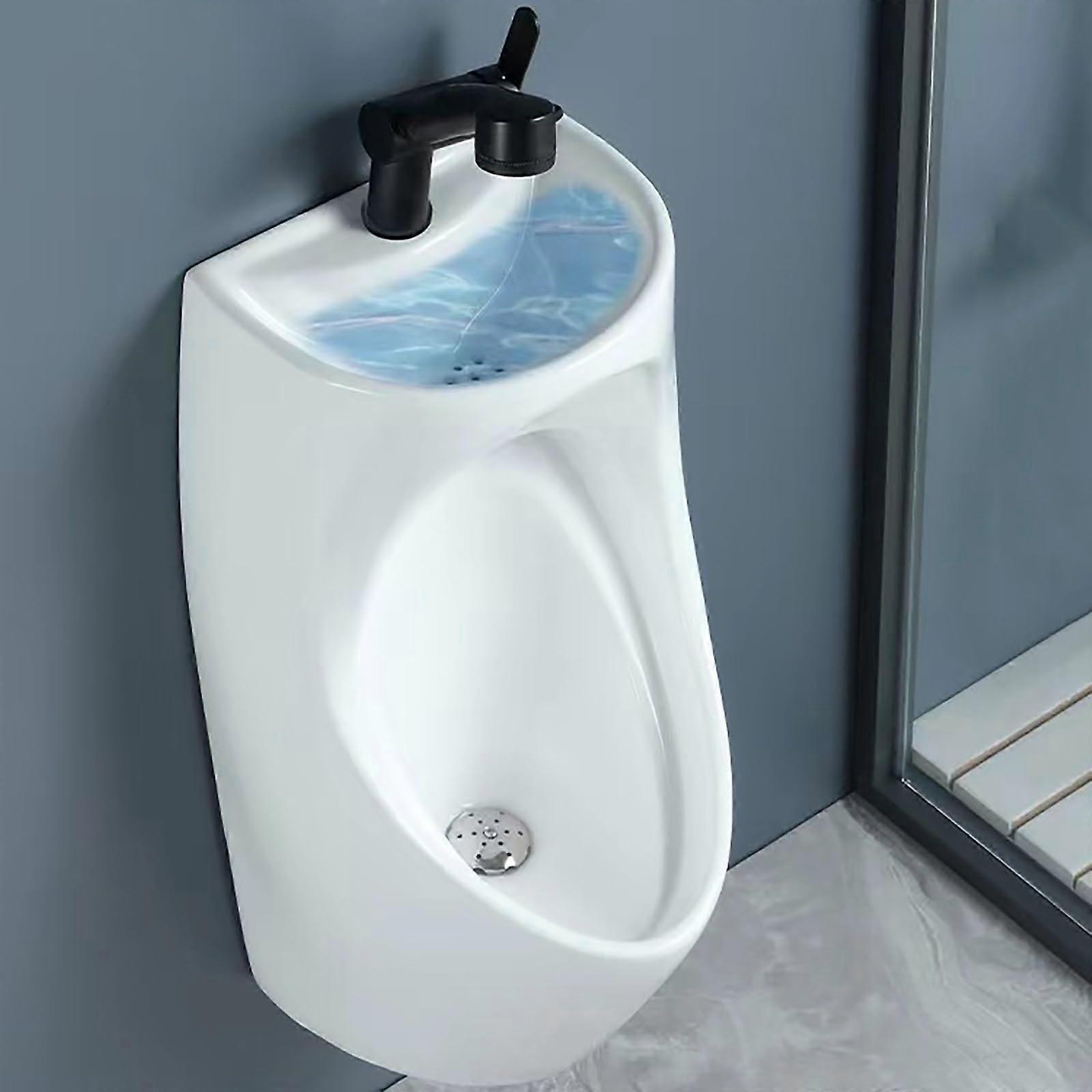 Men's Spill Proof Ceramic Urinal with Retractable Faucet and Integrated Hand Washing Function