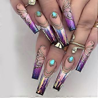 Long Coffin Press On Nails Set Fairy Purple 24pcs Full Cover Glossy Fake Nails with Instant Salon Finish