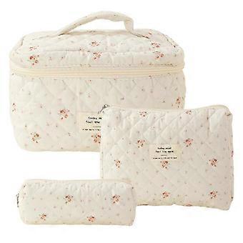 Conjunto de nécessaires de maquiagem com três tamanhos de armazenamento, elegantes nécessaires de viagem em algodão acolchoado com estampa floral vermelha para mulheres.