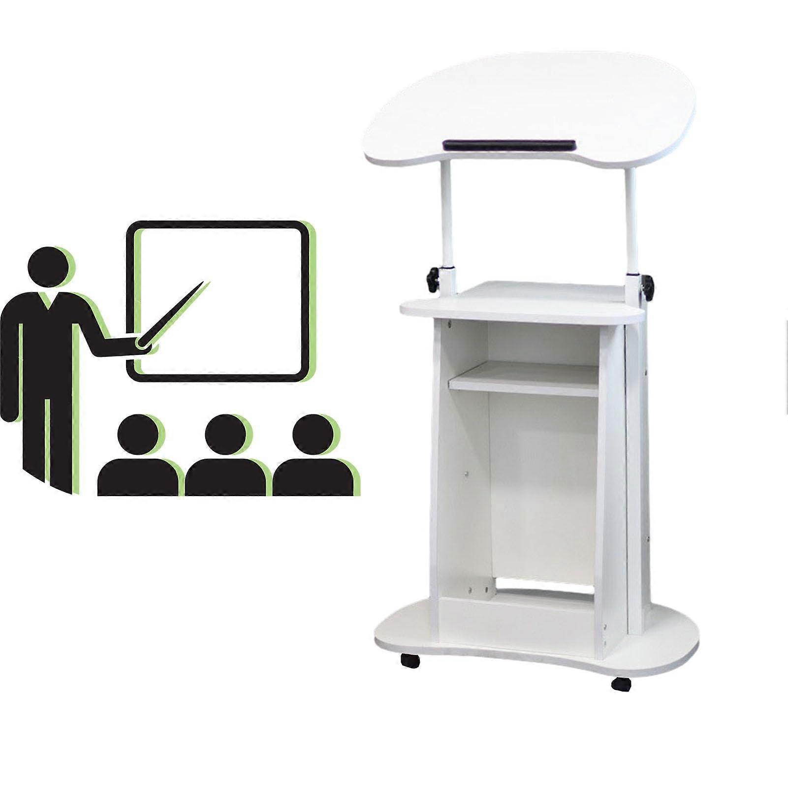 Lectern Podium with Wheels Adjustable Height White Rolling Presentation Stand for Classroom Office