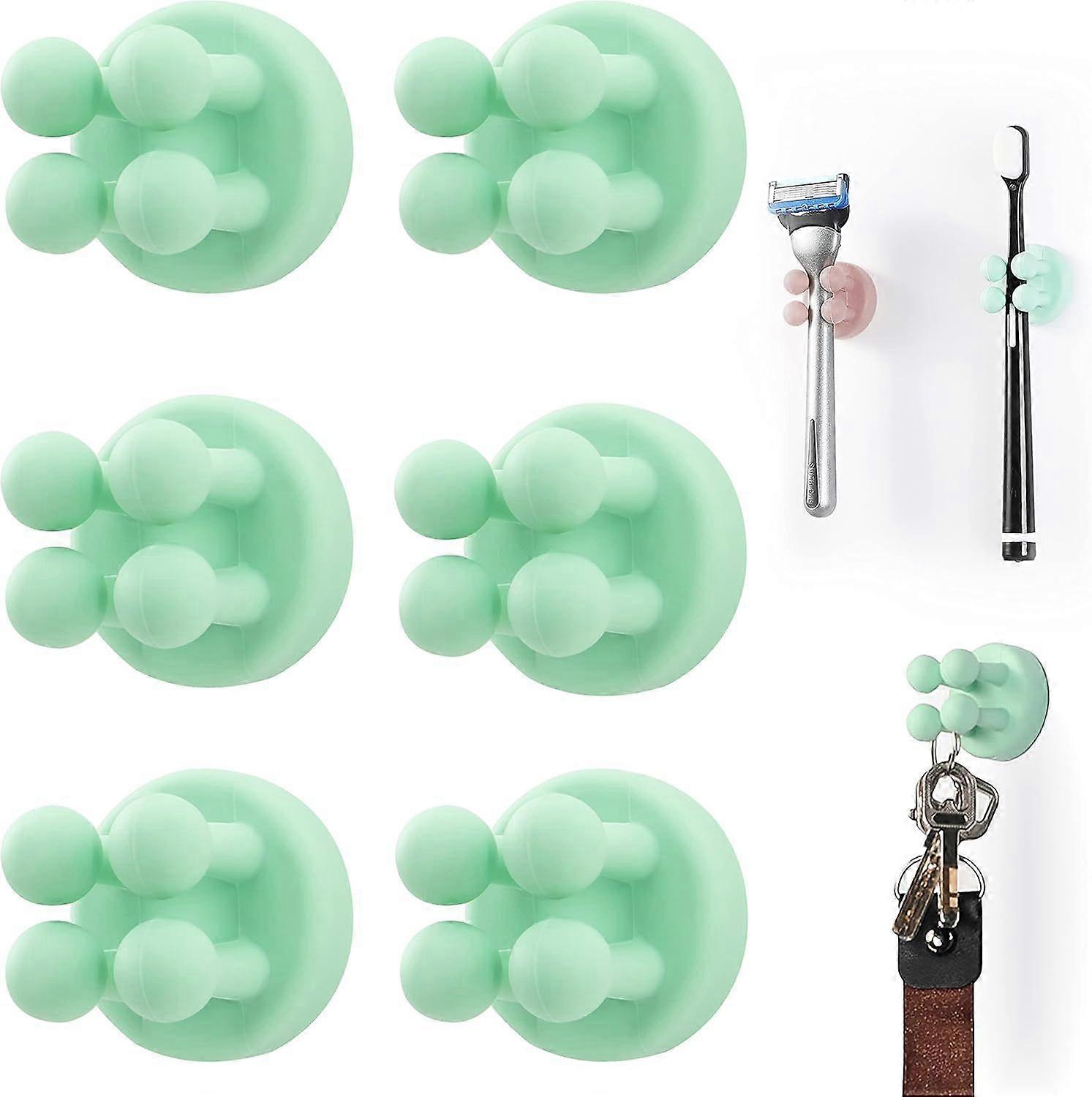 6 Pcs Silicone Toothbrush Holders Multi-Function Hook Razor holder Waterproof Self Adhesive Wall Mounted Single Hook,green