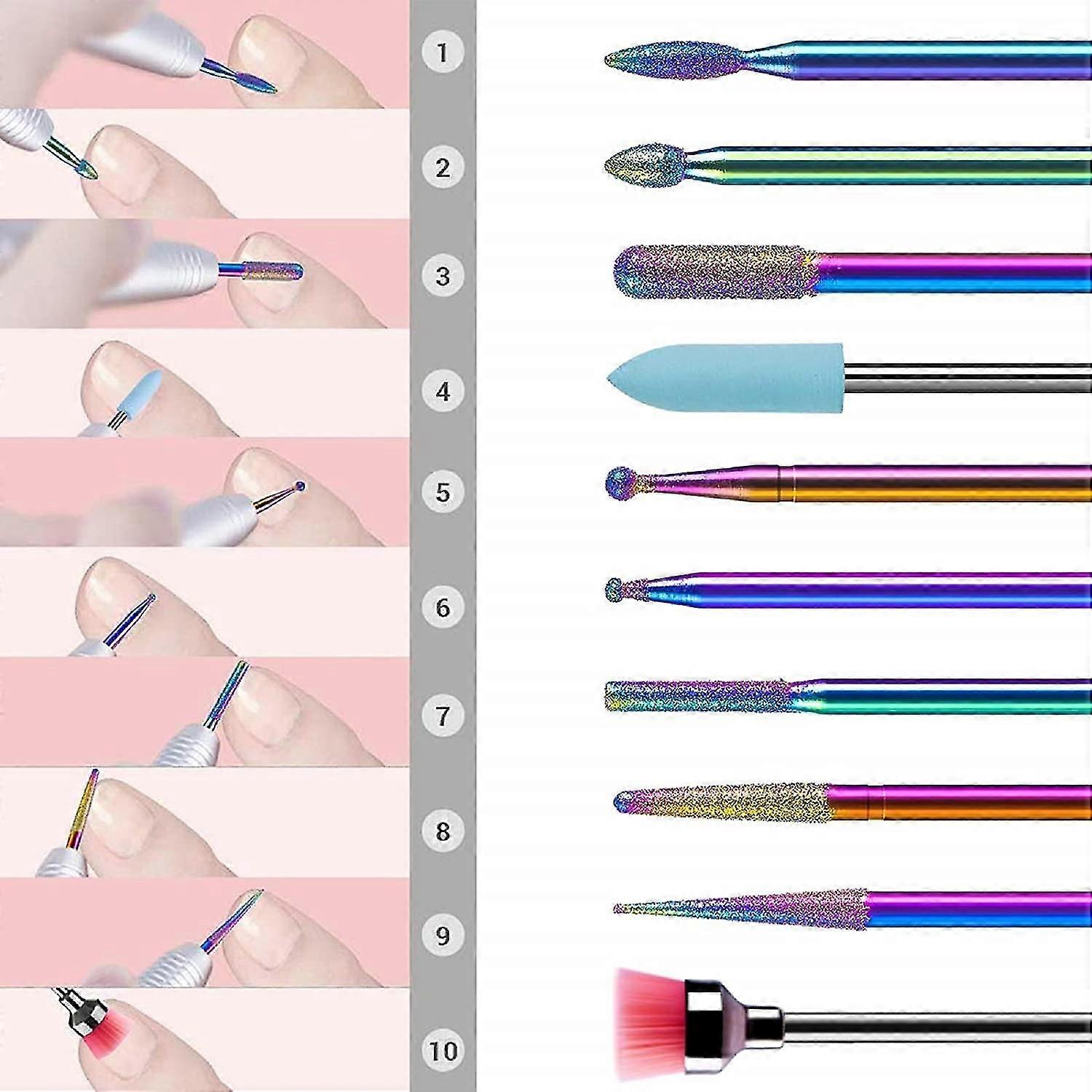 10pcs Diamond Nail Drill Bit Set, Cuticle Nail Drill Bits Kit