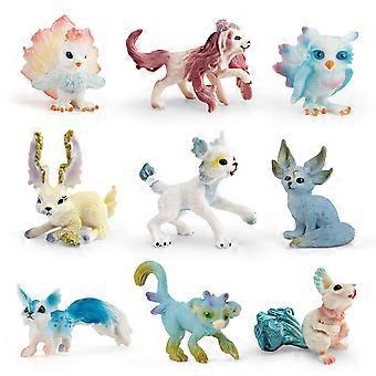 9Pcs European Mythical Creature Figures  Miniature Fantasy Animals, PVC Bird, Fox, Elf, and Magical Beasts, Cake Toppers, Toy Set for Kids and Collect