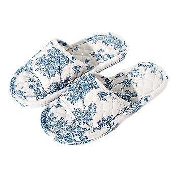Blue Floral Fabric House Slippers Double Layer Thickened Cushioned Quiet Sole