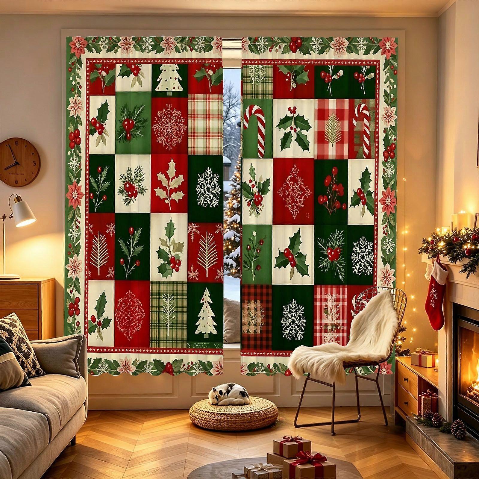 Curtain with Decorative patchwork plaid Christmas elements Print