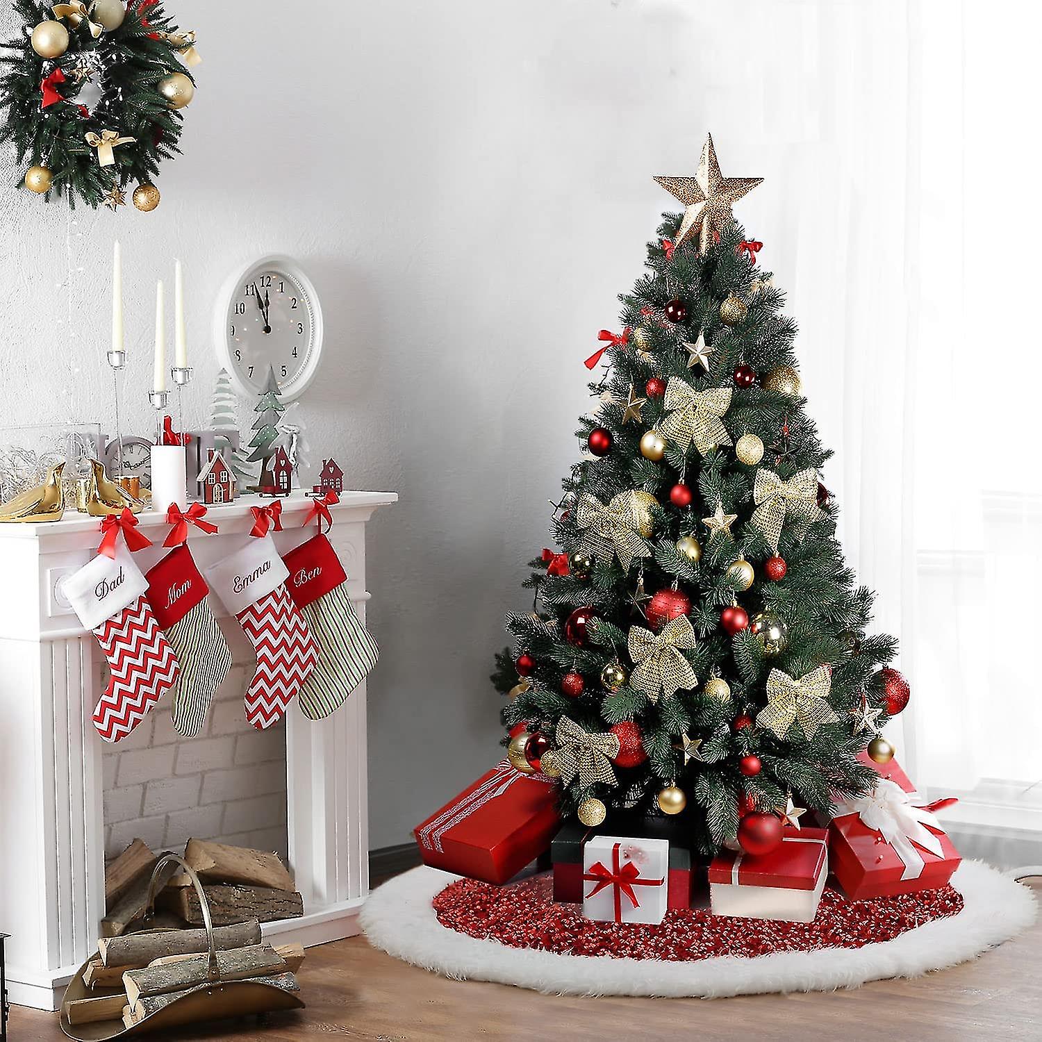Red Christmas Tree Skirt With Sequin Faux Fur, 48 Inch