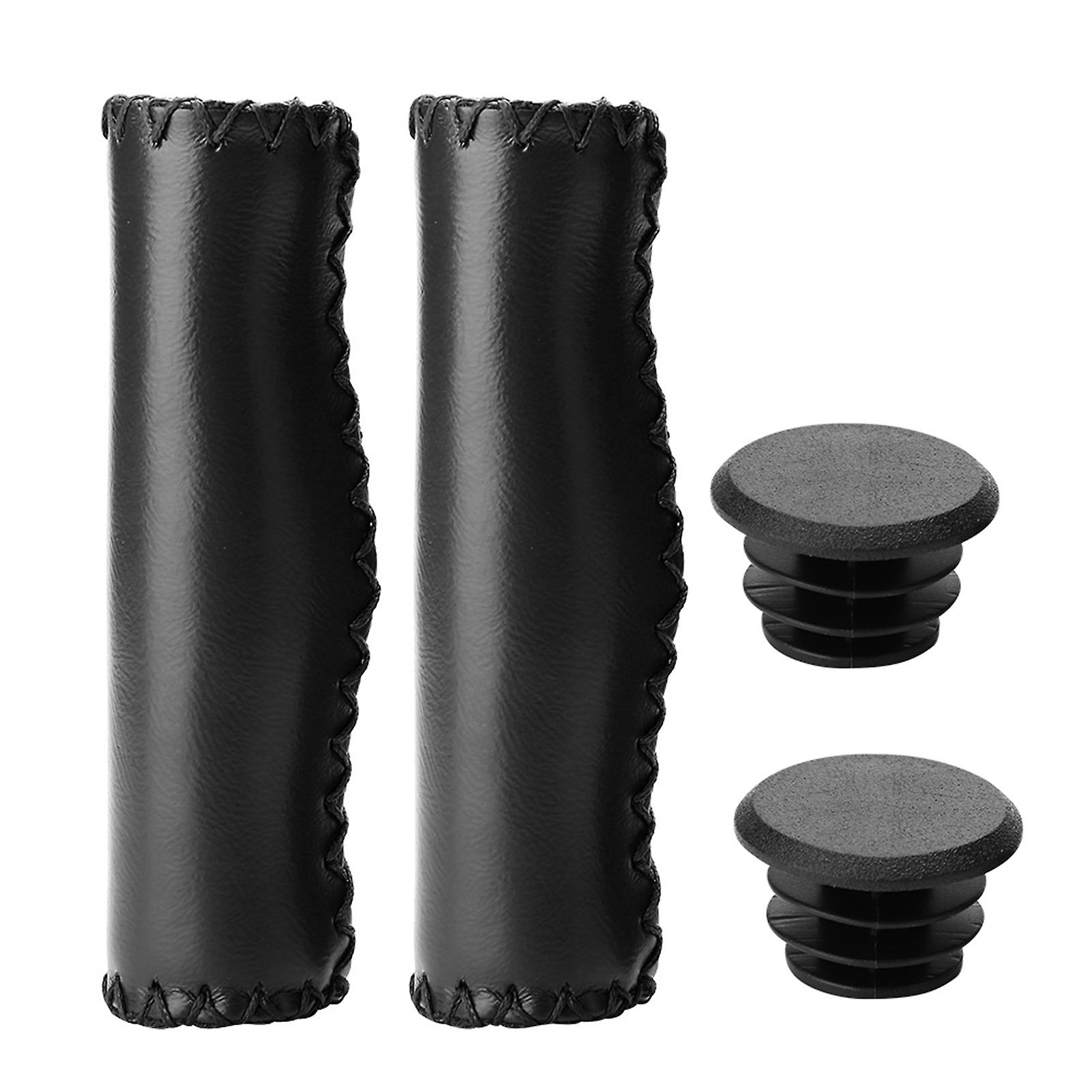 1 Pair Hand-stitched PU Bicycle Handlebar Grips with Plug (Black)