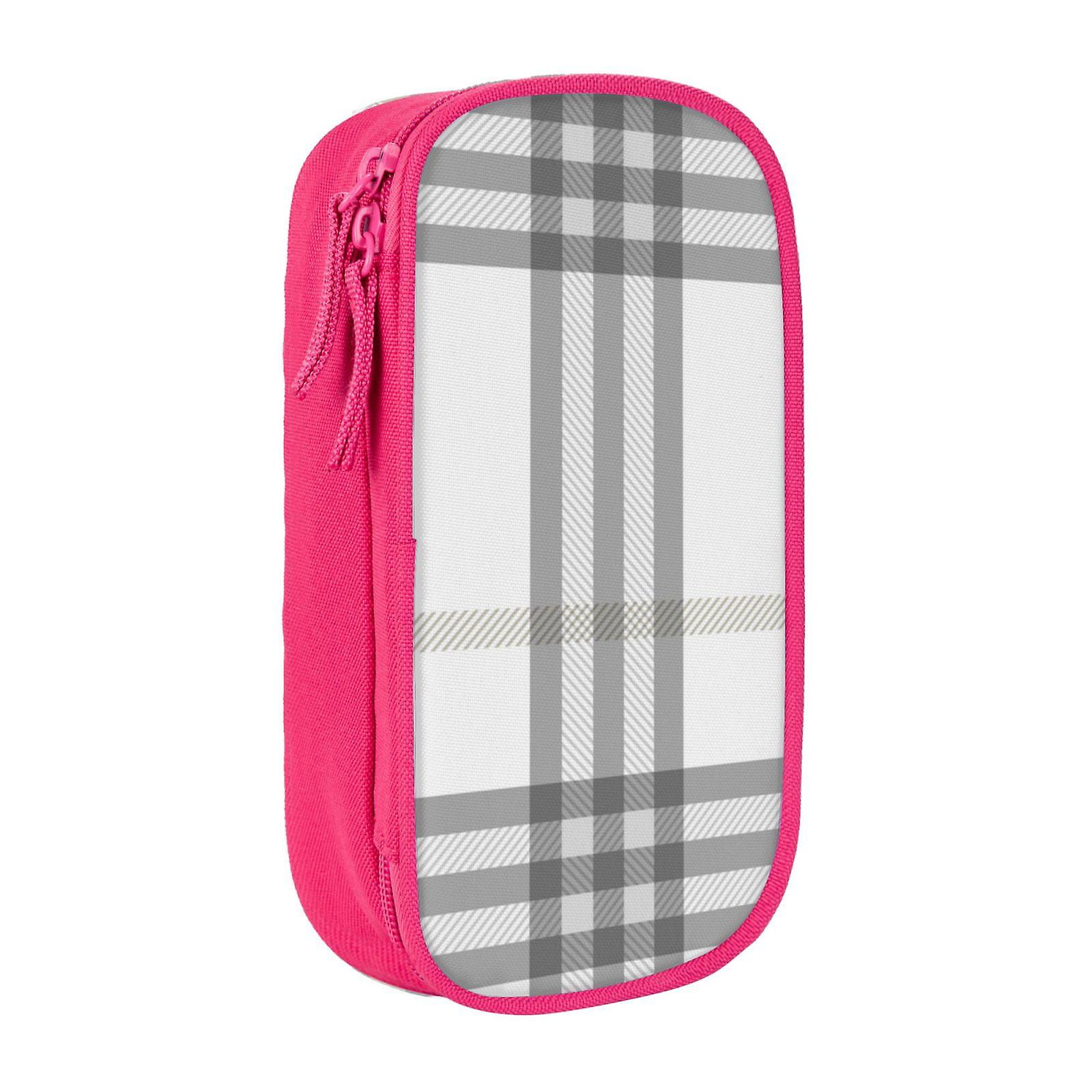 Large Storage Pencil Case, Grey Checkered Lines Pattern with Zipper Large Capacity Pen Bag