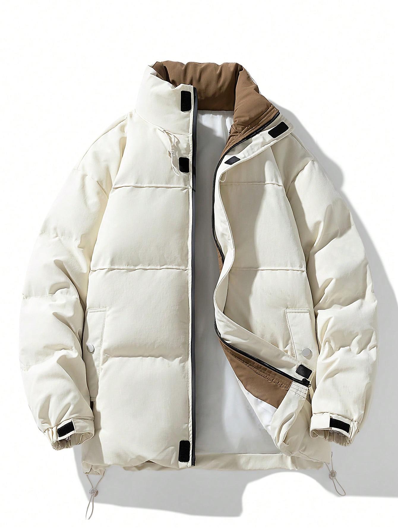 Men Drawstring Hem Zipper Puffer Coat