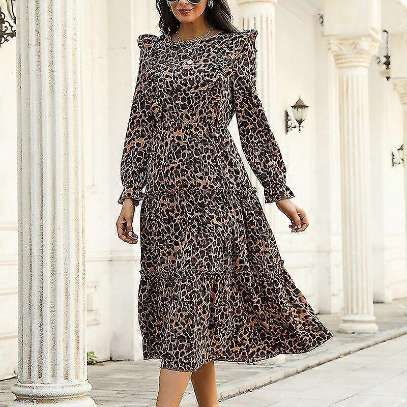 Elegant Mode Femmes Robes Léopard Automne Nouvelle Taille Mince Ourlet Ruffle Full Sleeve Print A-line Robe Midi pour Femme Décontractée