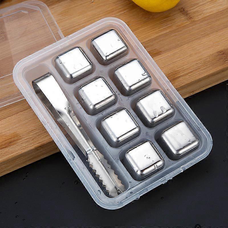 Stainless Steel Ice Cube Tray With Ice Clip Tong Metal Ice Cooling Stone Rocks For Scotch Whisky Brandysilver8pcs