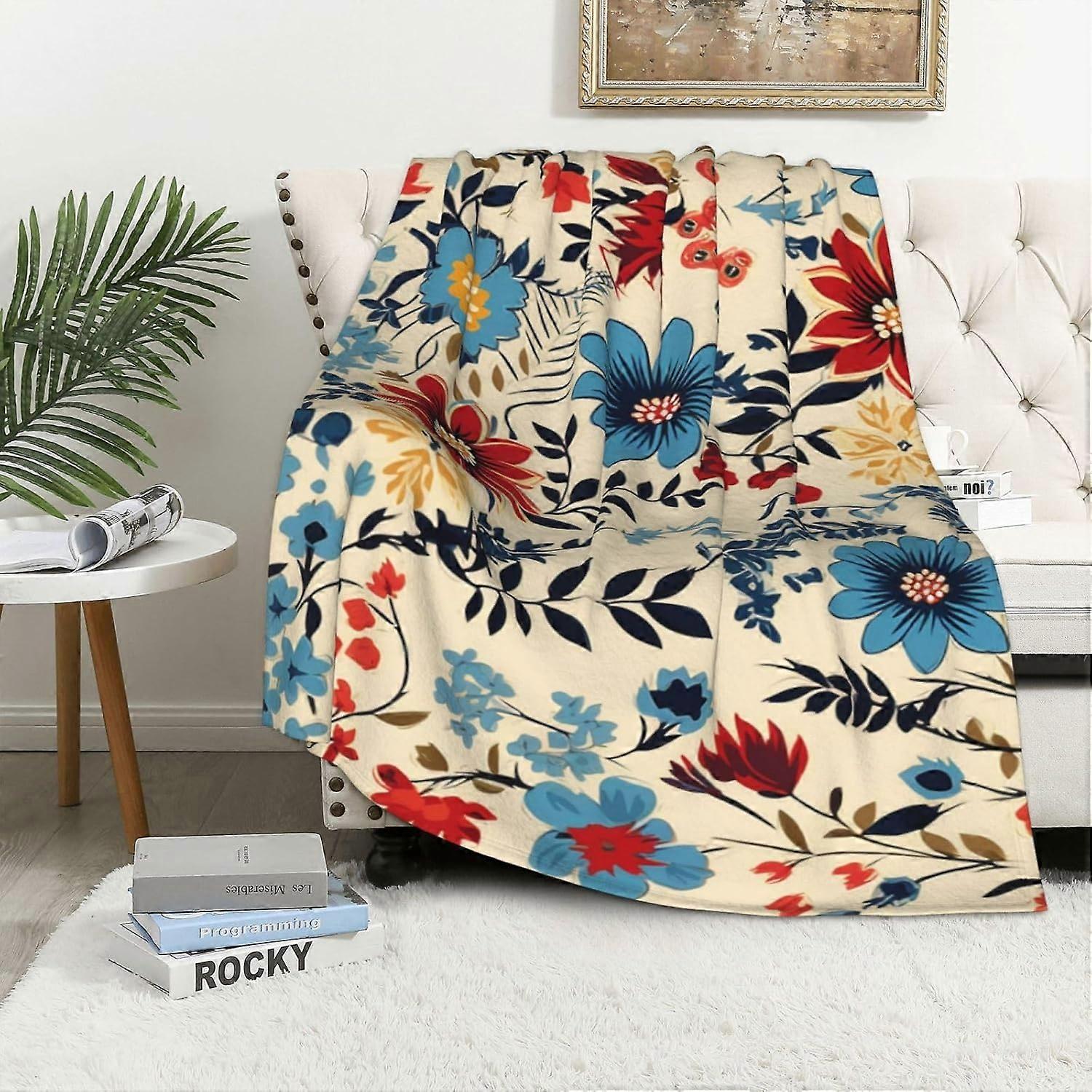 Blue Red Yellow and White Flowers Throw Blanket, Thin Boho Flannel Throw Blanket, Asymmetric Retro Vintage Floral Throw Blanket, 310 GSM, Hand or Mach