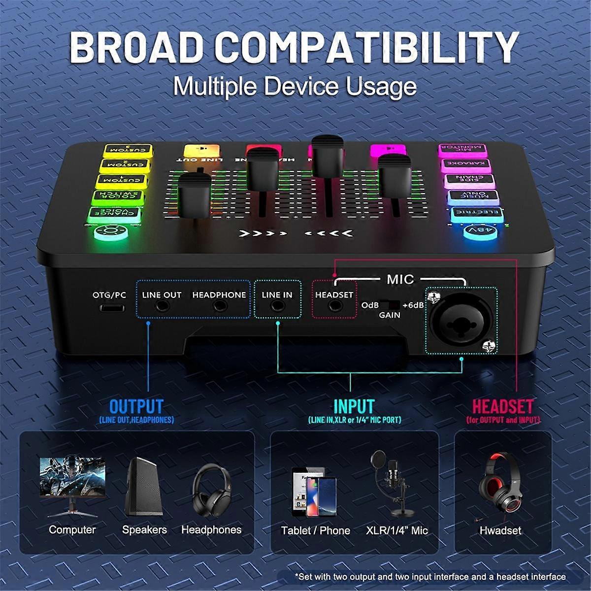 Sound Card Audio Mixer Rechargeable Audio Interface Mixer with XLR Microphone Interface for Podcasting/Recording