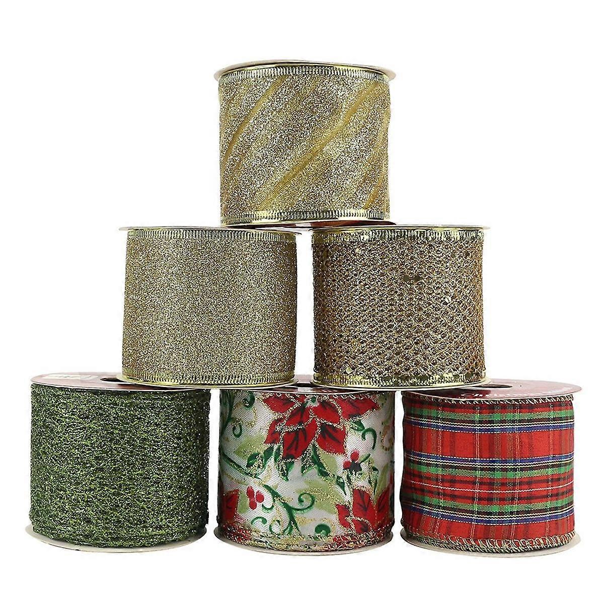 Christmas Tree Ribbon 6 Rolls 36 Yards Ribbon for Christmas Tree Decoration Wired Ribbon for Wreaths Topper Bow Making,B
