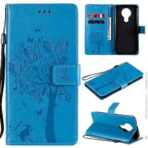 For Nokia 3.4 Tree & Cat Pattern Pressed Printing Horizontal Flip PU Leather Case
