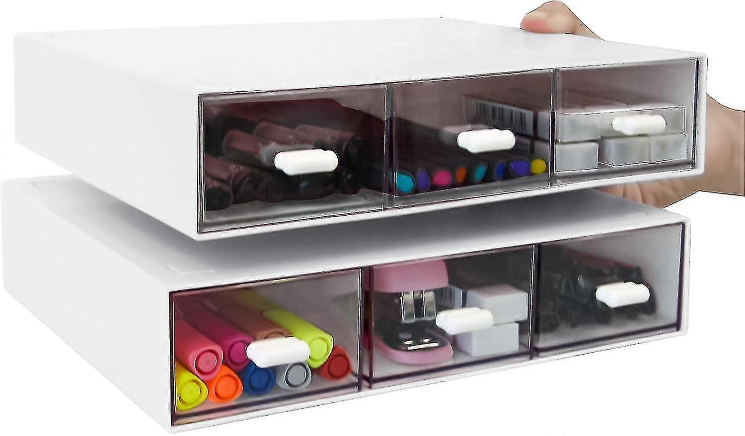 2 Pack Plastic Stackable Desk Organizer For Makeup, Sundries (3 Drawers, White)