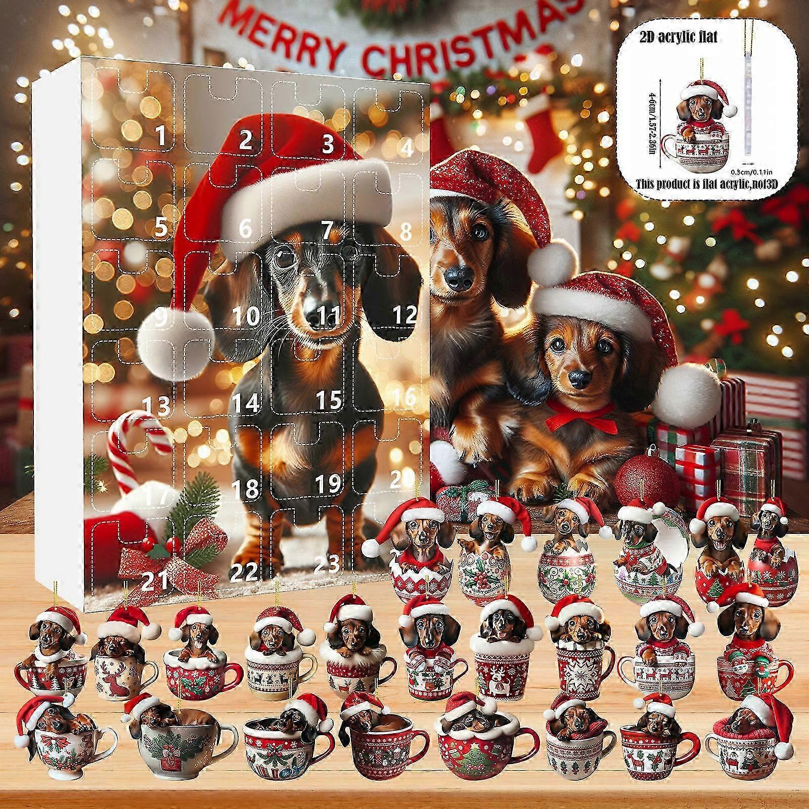 Beauty Advent Calendar 2024 2024 Festival Vacation Advent Calendar 24 Day Christmas Countdown Calendar Dachshund Pendant With Santa Hats 2D Xmas Tree