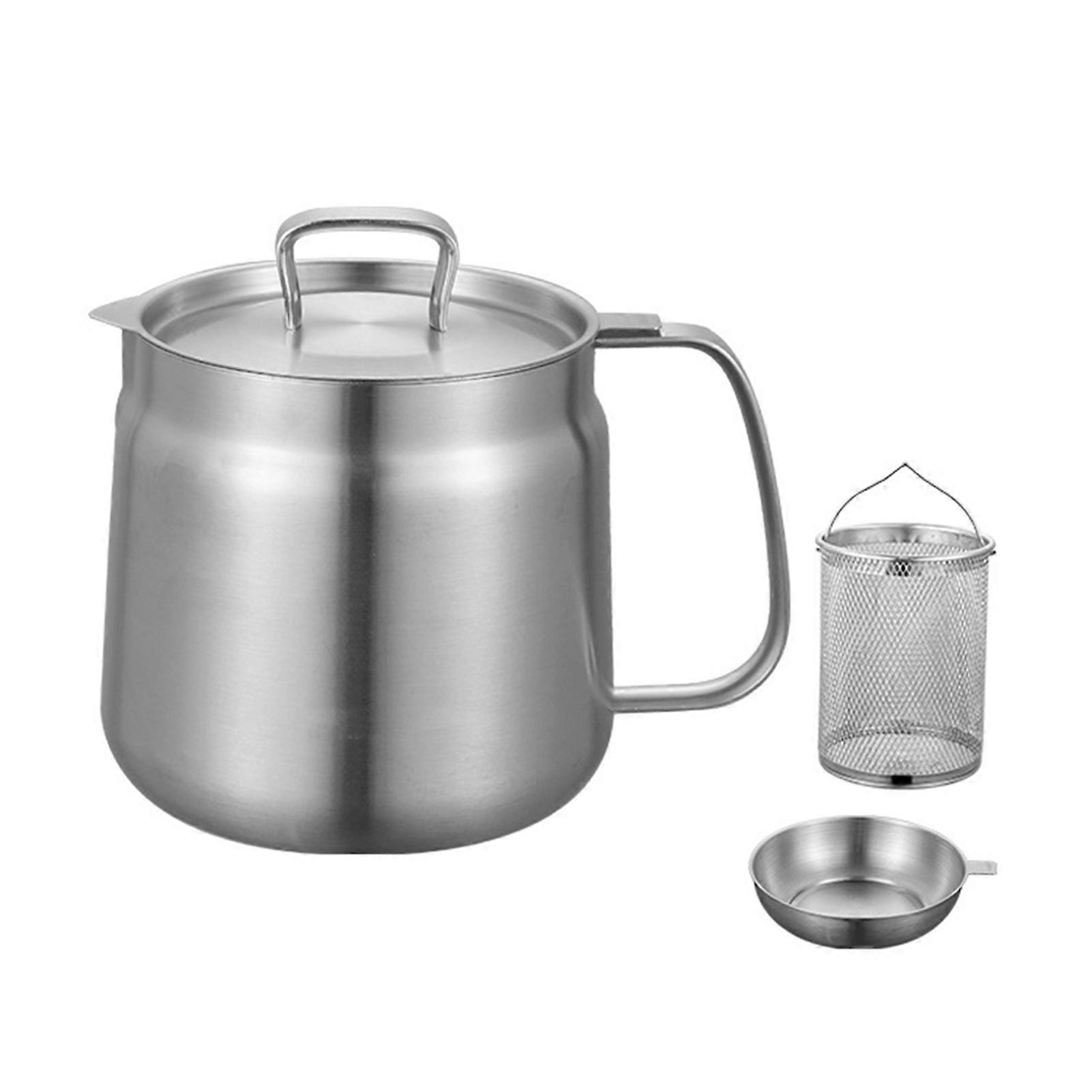 1500/2000ML Oil Filter Can Stainless Steel Oil Filter Pot Large Capacity Oil Filter Vessel Fryer Pan with Fine Mesh Filter Heavy Duty Bacon Grease Con