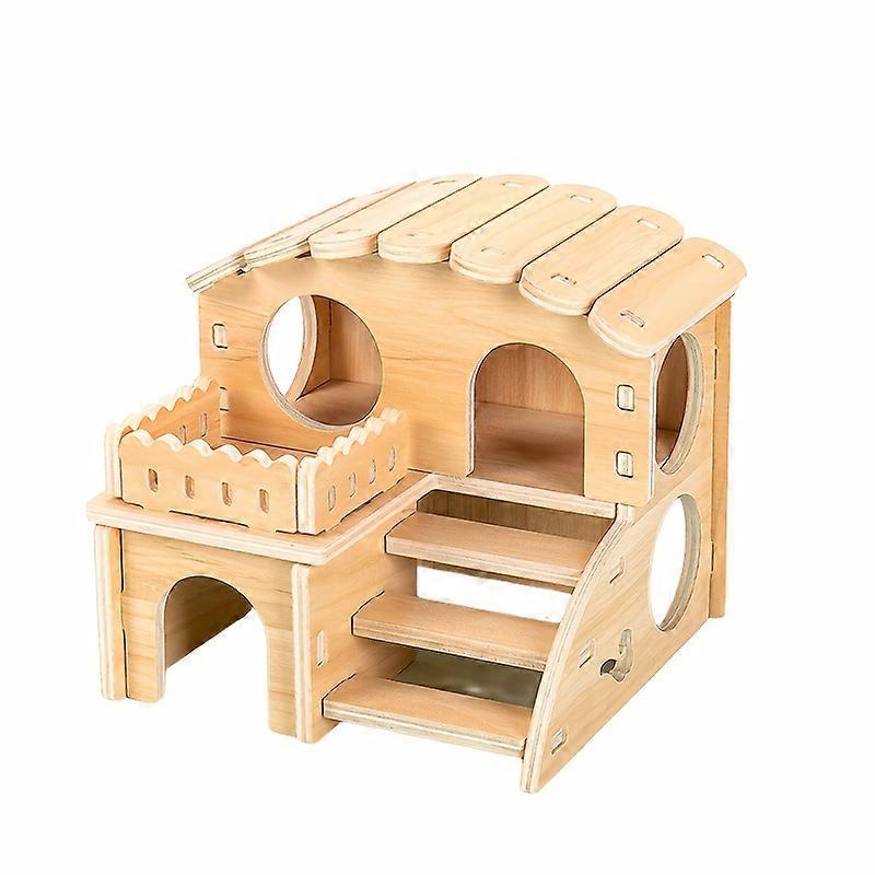 Dwarf Hamster Cage: Wooden House with Two Layers & Chew Toys - Perfect for Guinea Pigs, Rabbits & Parrots!