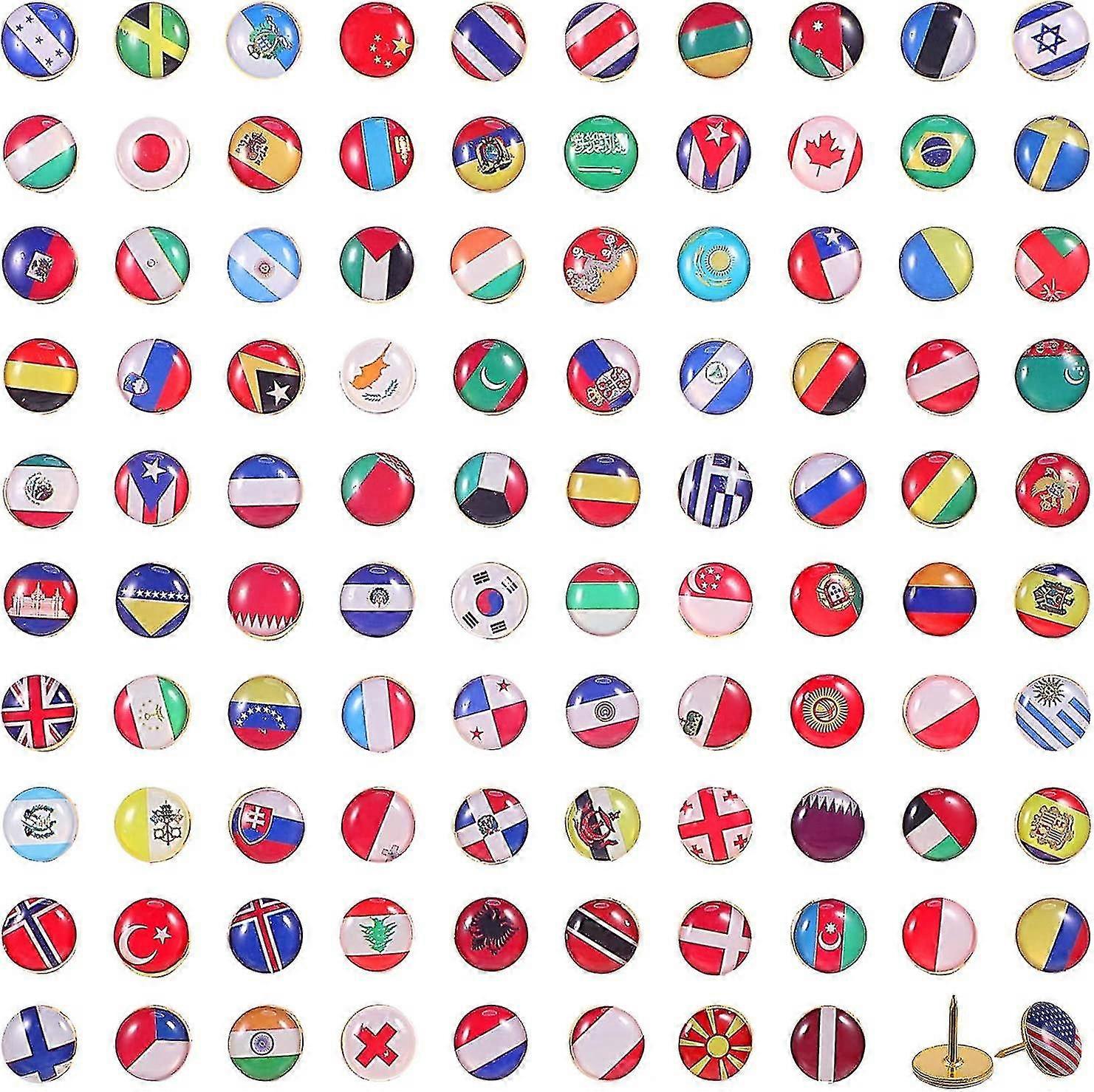 Creative Push Pins National Flag Thumbtack Country Map Push Pins For Bulletin Board, Map, Office (100 Pieces, Assorted Countries Pattern)