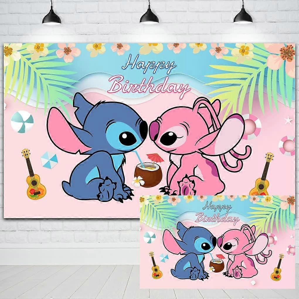 Stitch and Angel Happy Birthday Backdrop for Birthday Party Decorations Summer Tropical Hawaiian Beach Party Decorations Supplies Banner 5x3ft