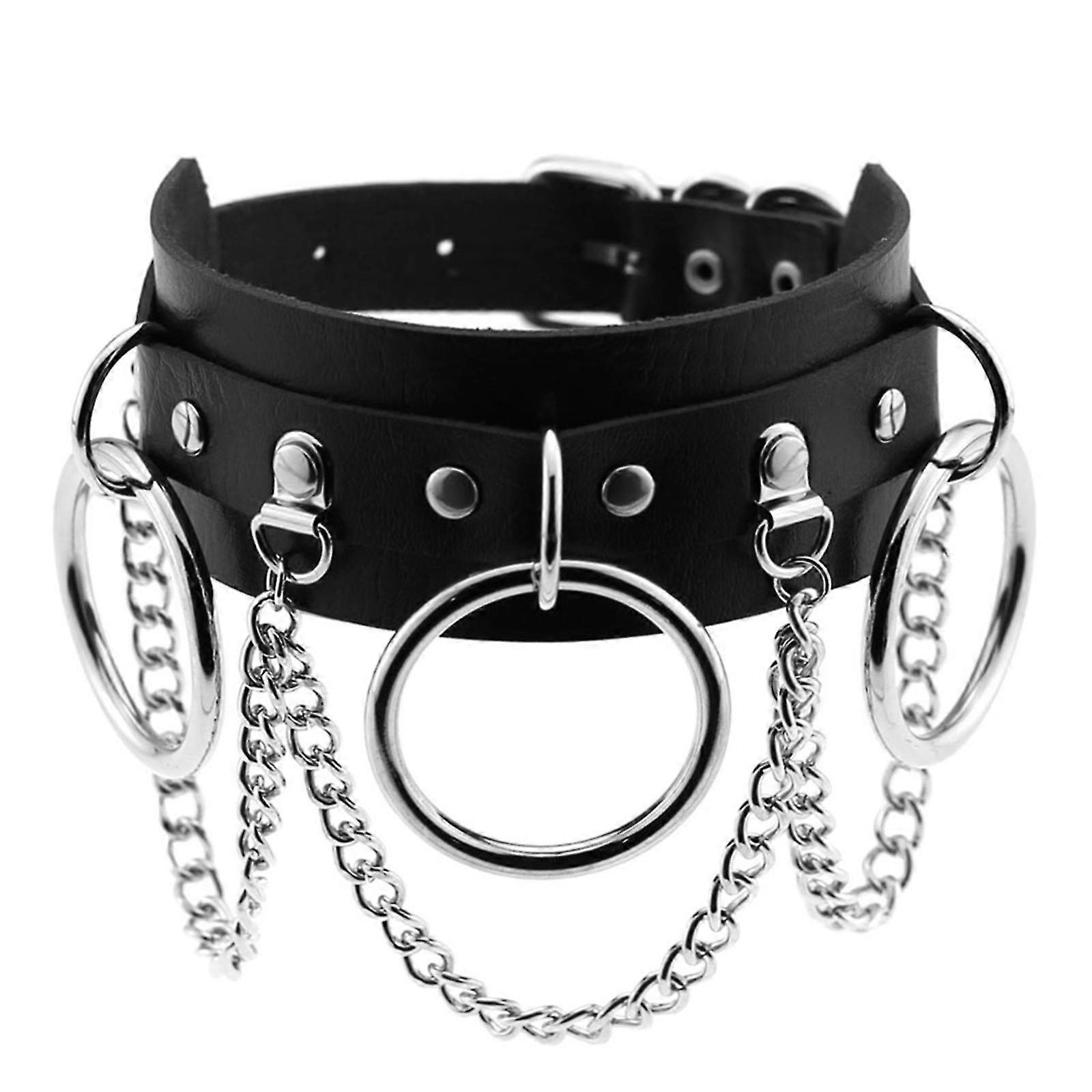 Pu Δέρμα Choker Μέταλλο Δαχτυλίδι Αλυσίδα Κολιέ Κολιέ Πριτσίνια Goth Ζώνη