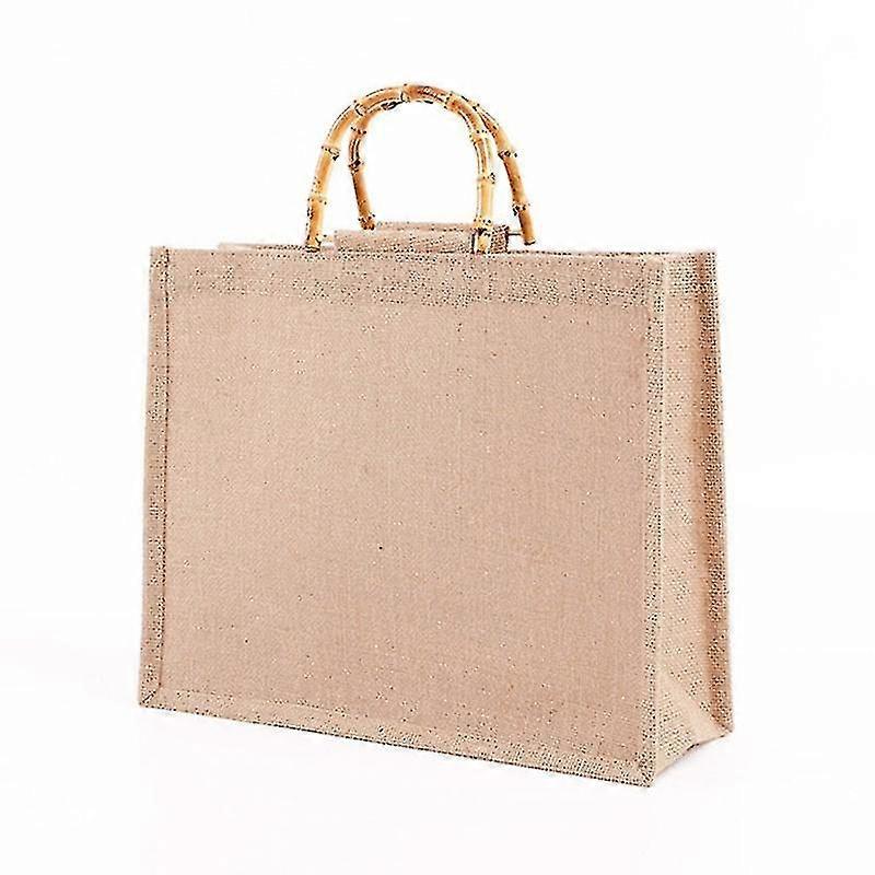 Portable Burlap Jute Shopping Bag Handbag Bamboo Loop Handles Reusable Grocery Bags