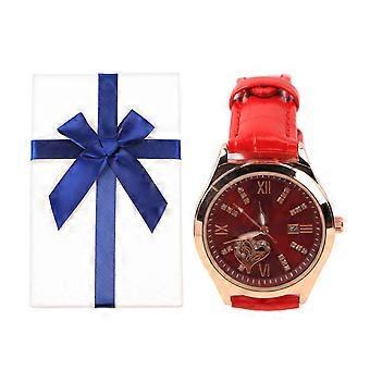 Femmes Montre Vin Rouge Montre Mécanique Lumineux Étanche Creux Coeur Motif Cadran Rond Montre