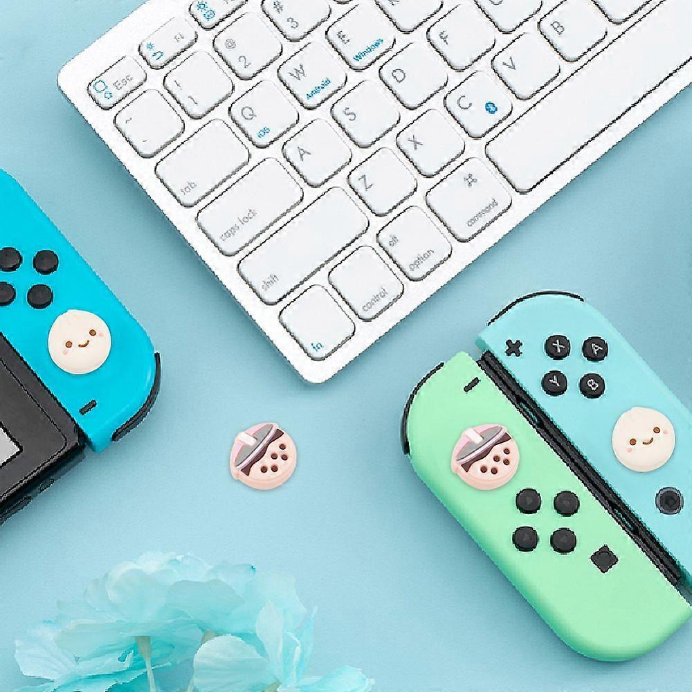 Steamed Bun & Bubble Milk Tea Pattern Silicone Joystick Cap Thumb Grip for Gamepad Game Controller Mixed Color 16.5~17x16~16.5x7mm 4pcs/set
