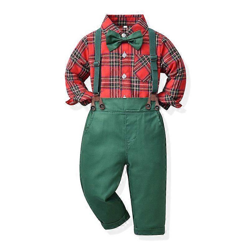 Cute Toddler Boys' Gentleman Two-Piece Set Bow Tie Plaid Long Sleeve T-Shirt