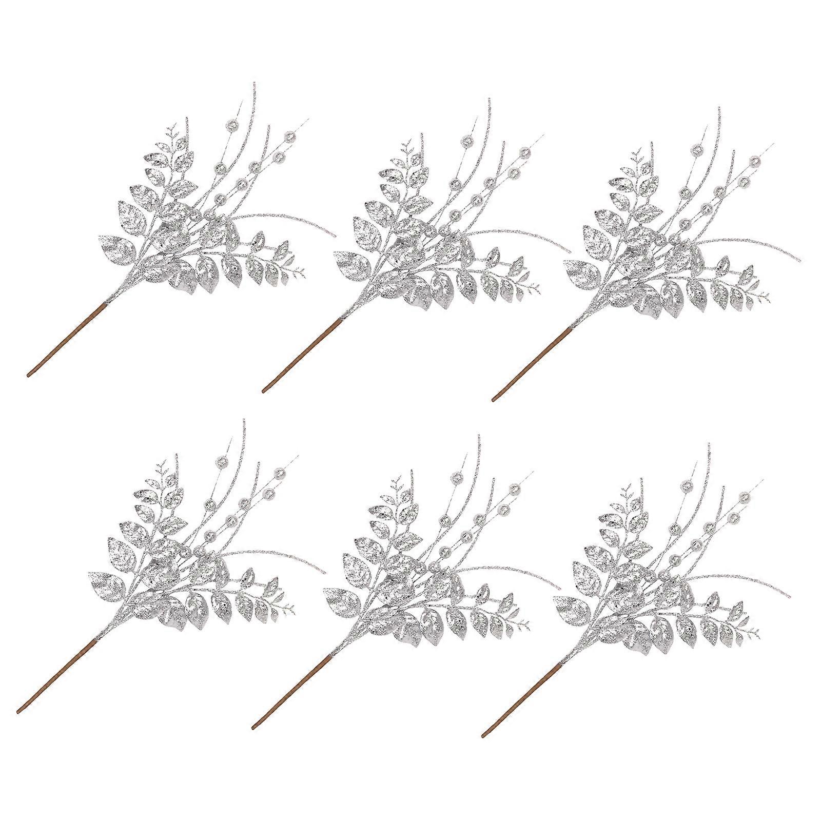 6Pcs Luxurious Artificial Berries Branch Imitated Leaves with Berries for Sophisticated Home Embellishment Silver