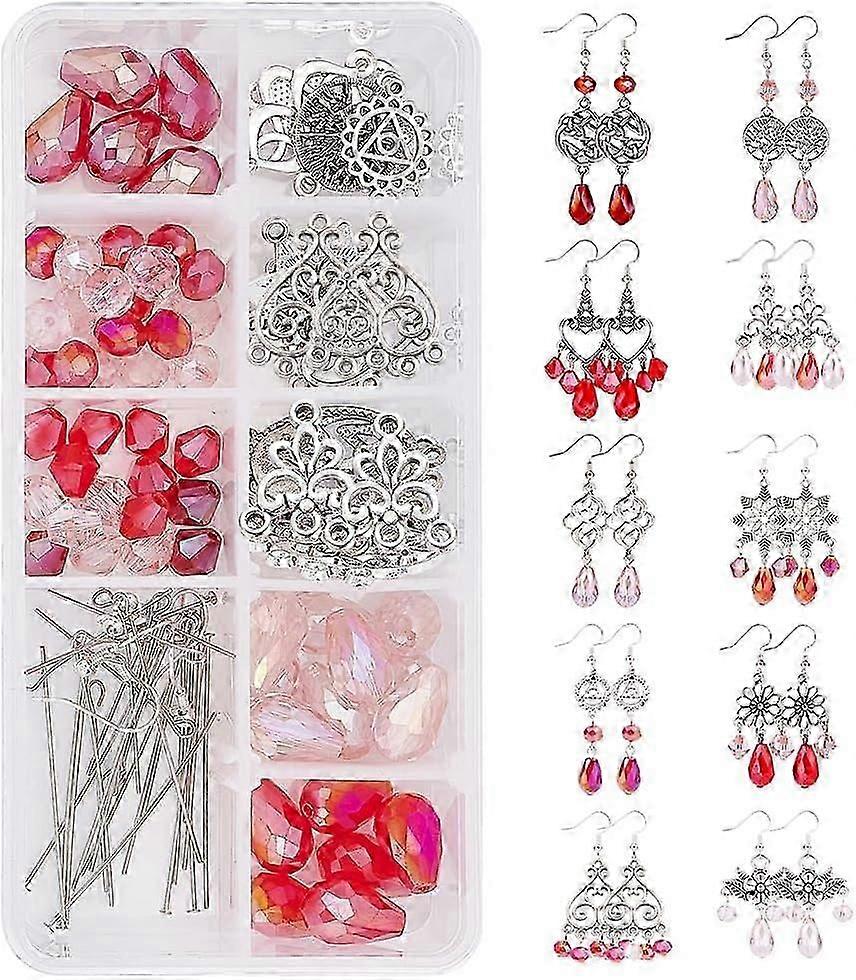 1 Box DIY 10 Pairs Red Beads Chandelier Dangle Earring Making Kit Flat Round Celtic Knot Flower Tree Snowflake Heart Component Links Teardrop Electrop