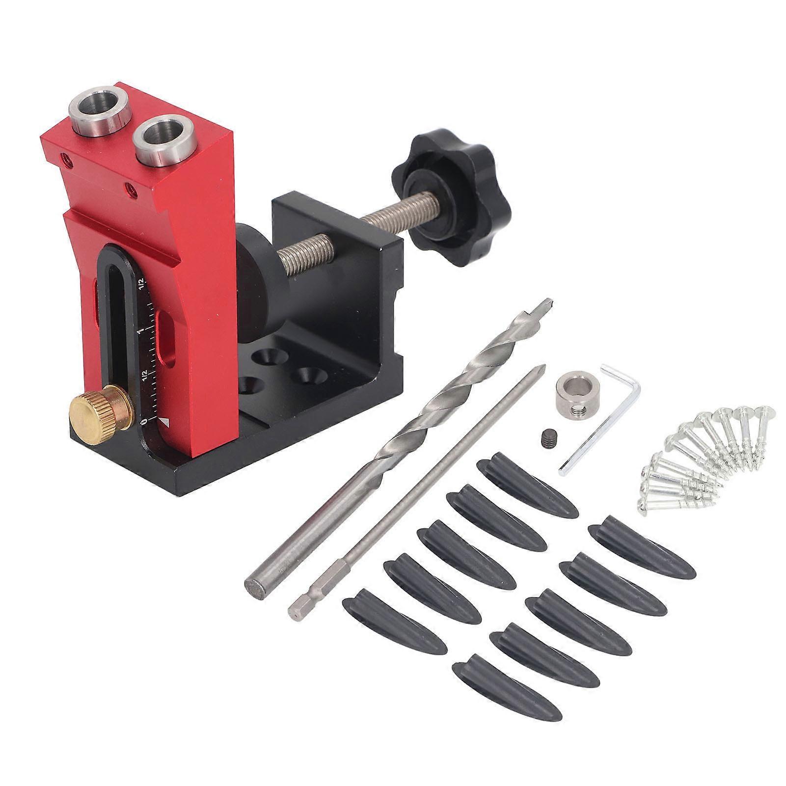 Pocket Hole Jig Kit Adjustable Dowel System Set Woodwork Guides Joint Angle Tool 15 Degree Drilling Carpentry Locator Red and Black