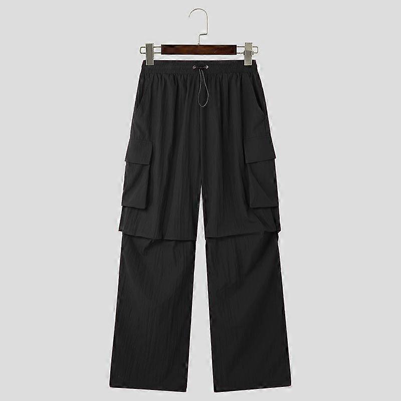 INCERUN Men High Waist Drawstring Elastic Long Trousers Casual Pockets Cargo Pants