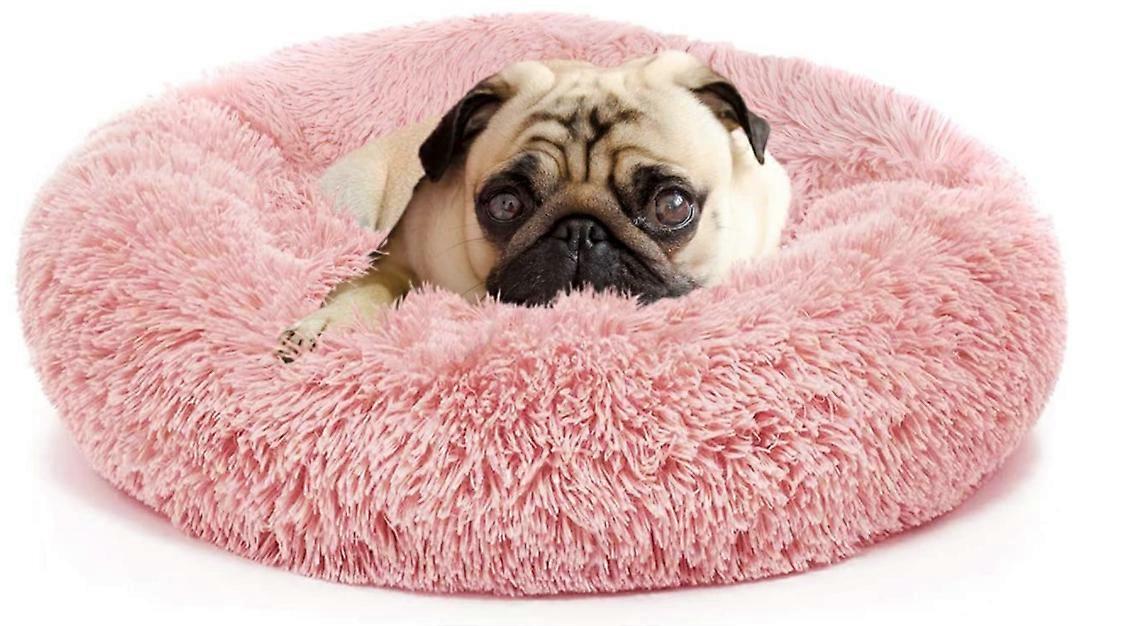 Machine Washable Calming Donut Pet Bed, Plush Faux Fur Fabric, Dirt Water Resistant Base for Pets up to 10 lbs, Pink, Soft Self-Warming, Donut Shape