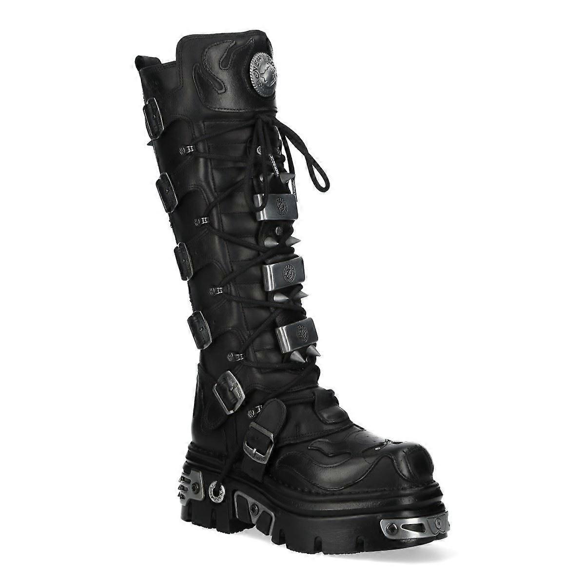 New Rock M-161-C10 Metallic Black Goth Knee High Spiked Boot Leather Punk Buckle Boots