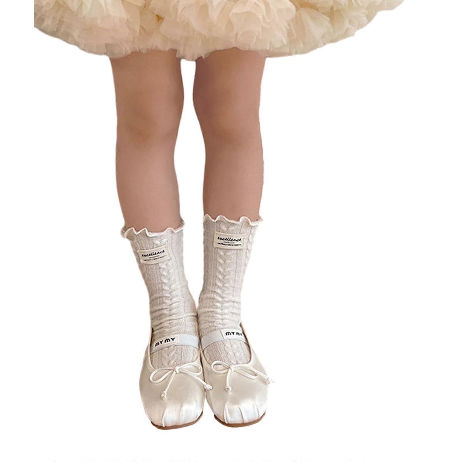 1 Pair Girls Cute Ruffled Edge Socks Soft & Breathable Medium Length Socks Solid Color Lettered Stackable Socks White M