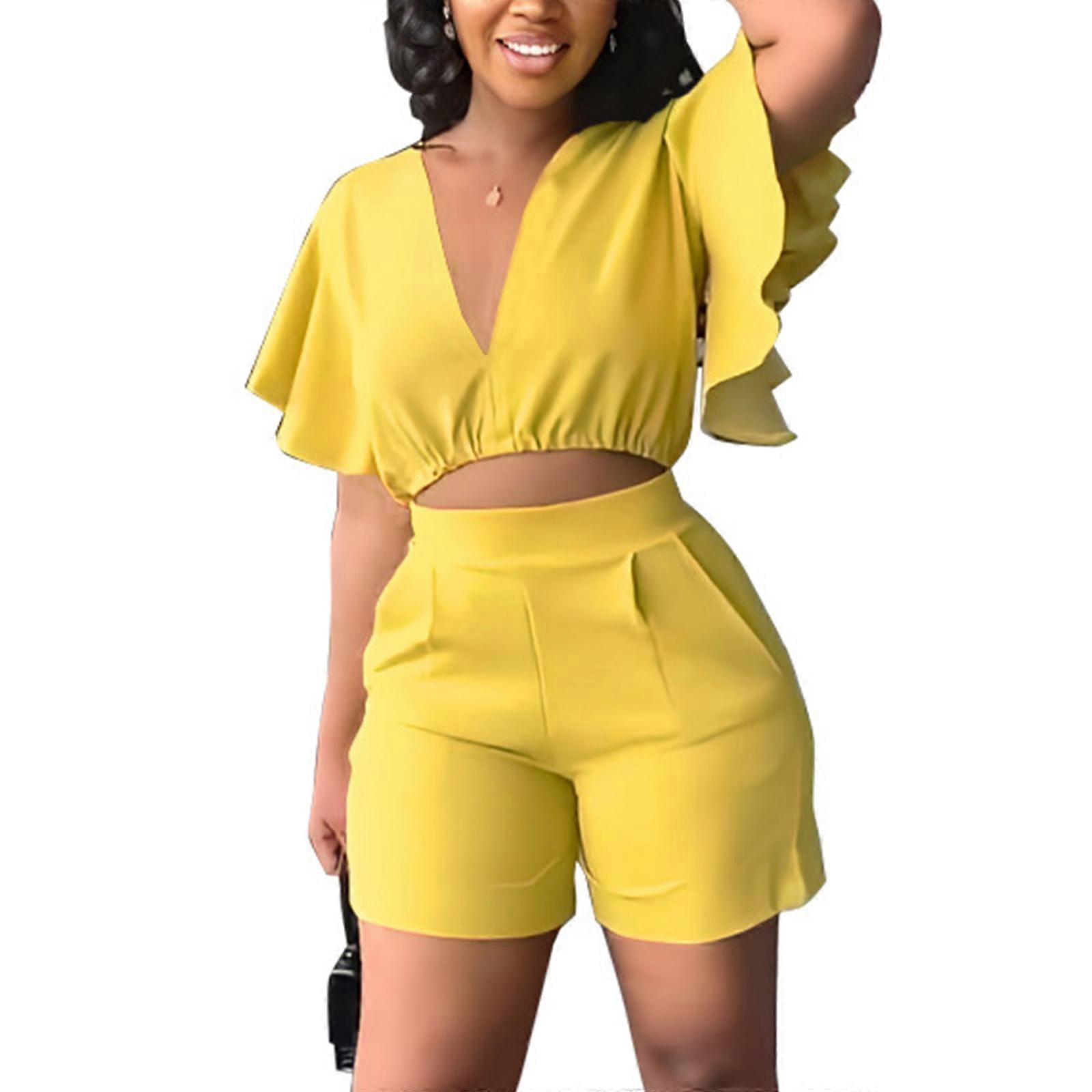 Femmes Tenues 2 Pièces Manches Courtes Crop Top T-shirt avec Short Survêtements d’été 2023 Survêtements décontractés pour fille Dame Jaune XL