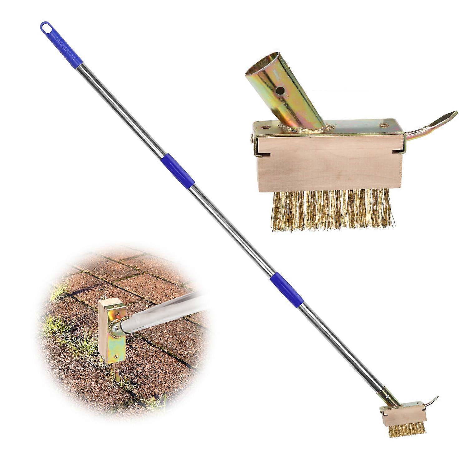 Manual Crack Weeder, 2 in 1 Crevice Weeding Tool Weed 2pcs Removal Brush Scraper Head with Long Steel Handle