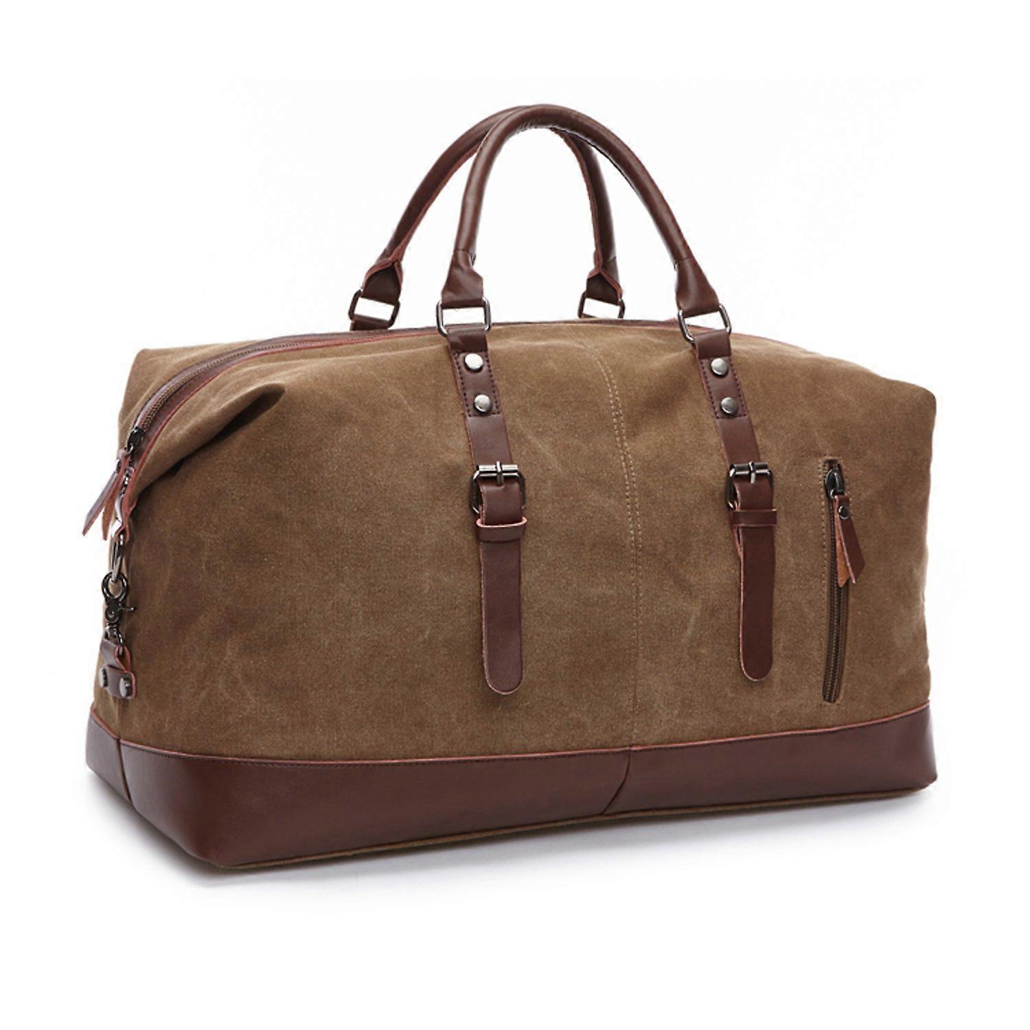 Coffee Canvas Leather Travel Tote Duffel Bag Carry on Bag Weekender Overnight Bag 21.3'' L x 13'' H x 9.4'' D