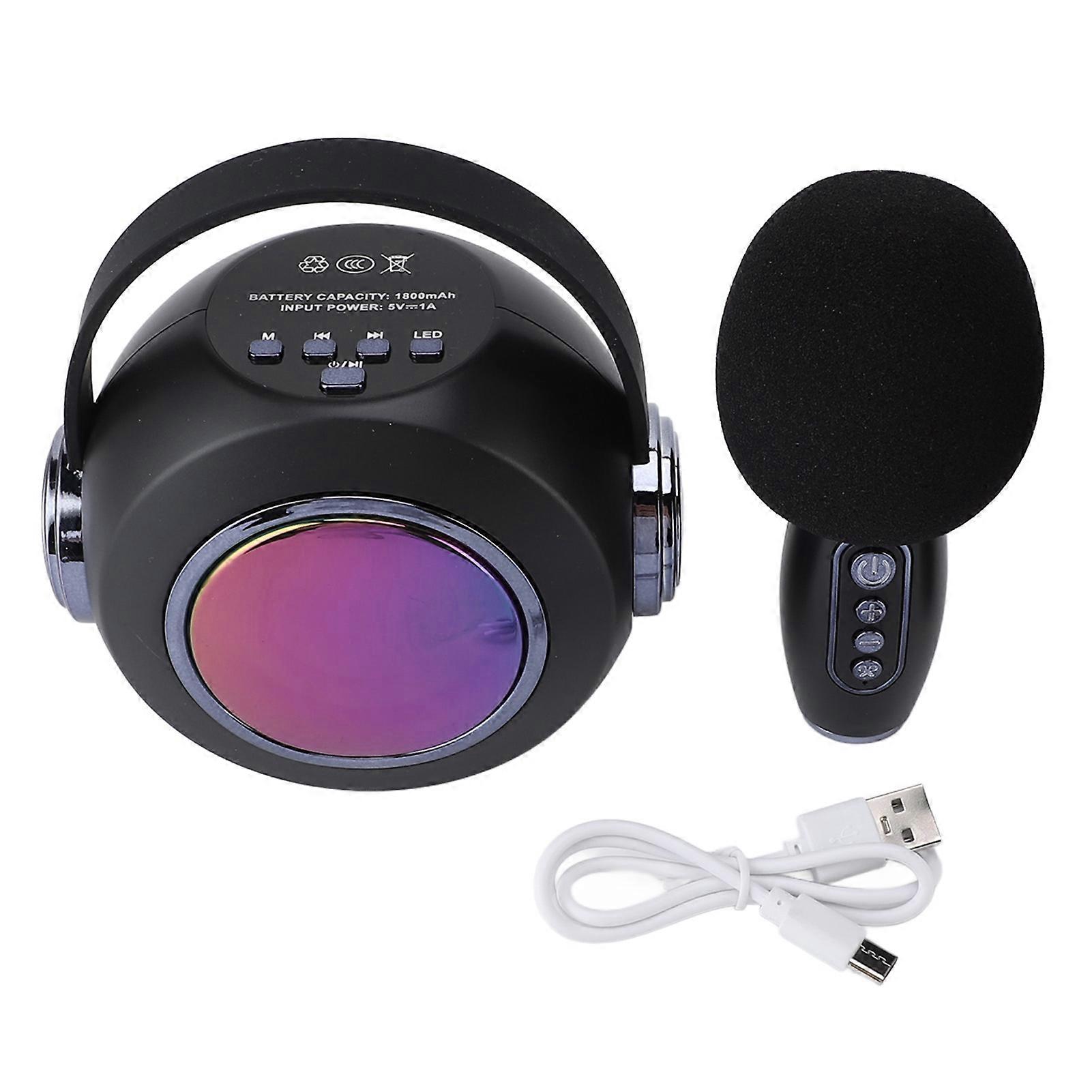 Bluetooth Mics Speaker Set with Colourful Light Effect Noise Reduction Support 32G Memory Card Wireless Karaoke Machine Black